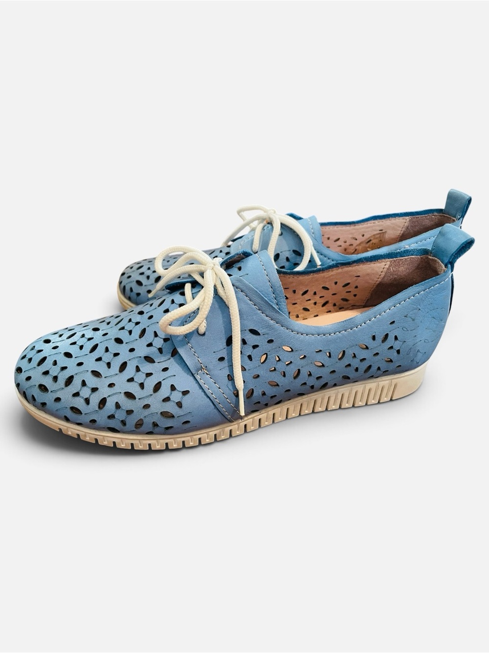 Women's Perforated Lace-Up Flats in Light Blue